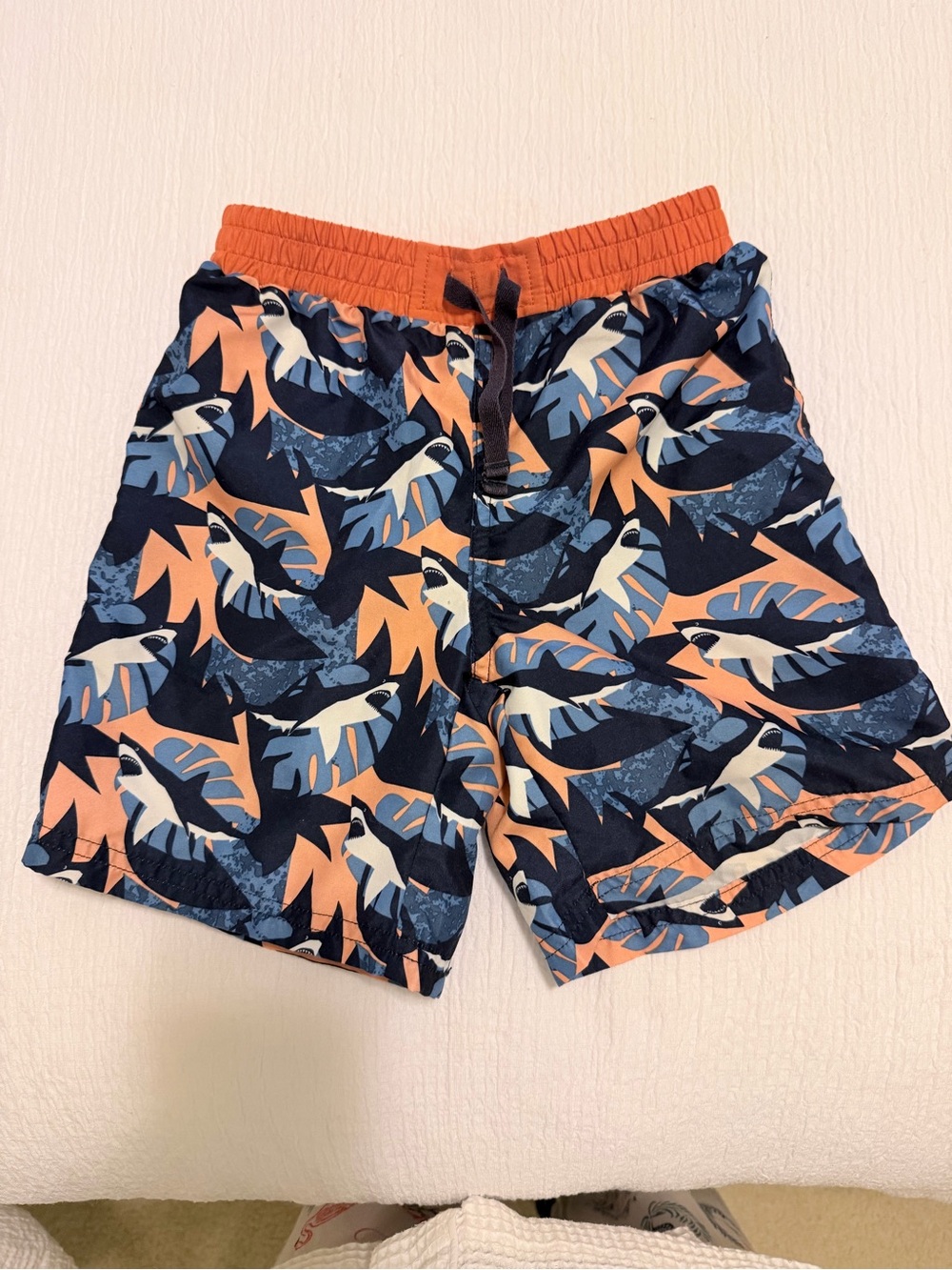 Boys Size 8A (small) Tropical Leaf Swim Trunks - Navy & Coral